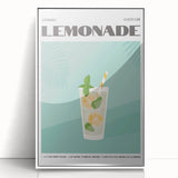 Mid-century modernist art deco poster featuring simplistic food and drink illustrations on a white acrylic framed print.