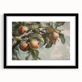 Abstract art print featuring vibrant colors and fruit motifs, in a black frame, ideal for living room decor.