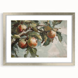 Textured art depicting an abstract arrangement of fruits in vibrant orange and green, framed in silver.