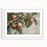 Abstract art print featuring an assortment of colorful fruits on a white framed mat, suitable for dining room decor.