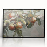 Large abstract wall art featuring assorted fruits in bold colors on black acrylic, framed, ideal for dining room decor.