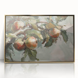 Large art print of assorted fruits in vibrant colors on a gold acrylic frame, in a mid-century modernist style.