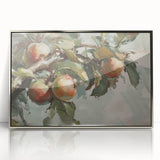 Mid-century modernist art featuring assorted fruits in vibrant colors on a silver-framed acrylic print.