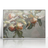 Acrylic print of assorted fruits in art deco style with a white frame, suitable for modern nursery wall decor.