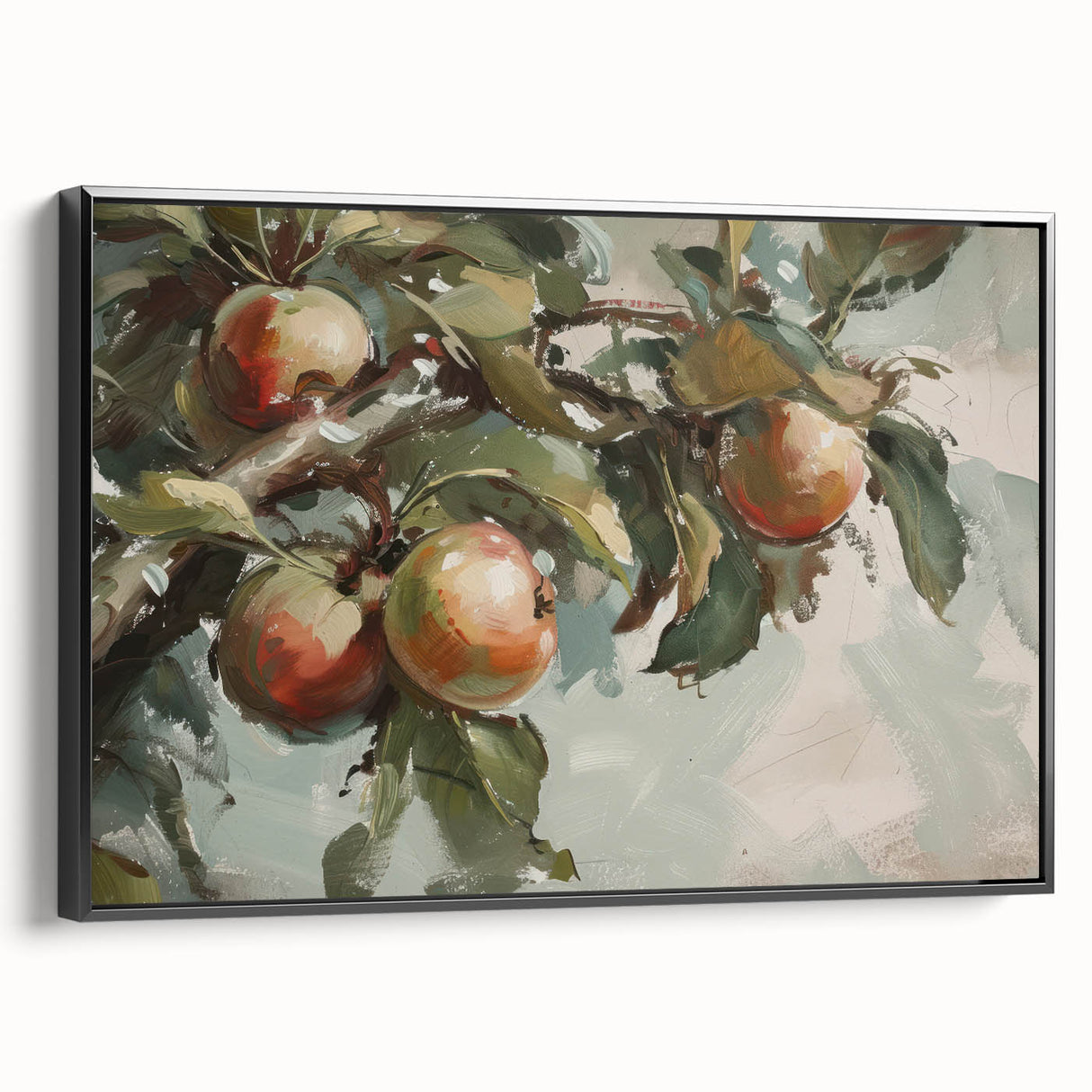 Black and white vintage poster art of fruits on a framed canvas, suitable for bedroom wall decor.
