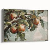 Framed canvas featuring a colorful, vintage poster-style landscape of assorted fruits, ideal for kitchen wall decor.