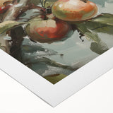 Art deco poster featuring assorted fruits in vibrant colors on rolled canvas, suitable for dining room wall art.