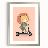 Scooter Riding Lion Nursery Art for Kids - Playroom Wall Art