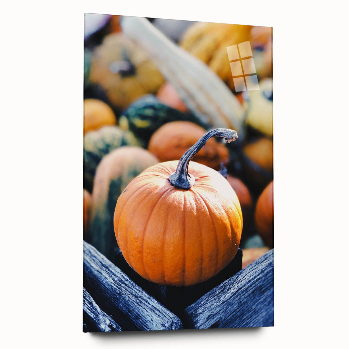 Large abstract wall art in warm autumn hues on acrylic glass, suitable for bedroom or dining room decor.