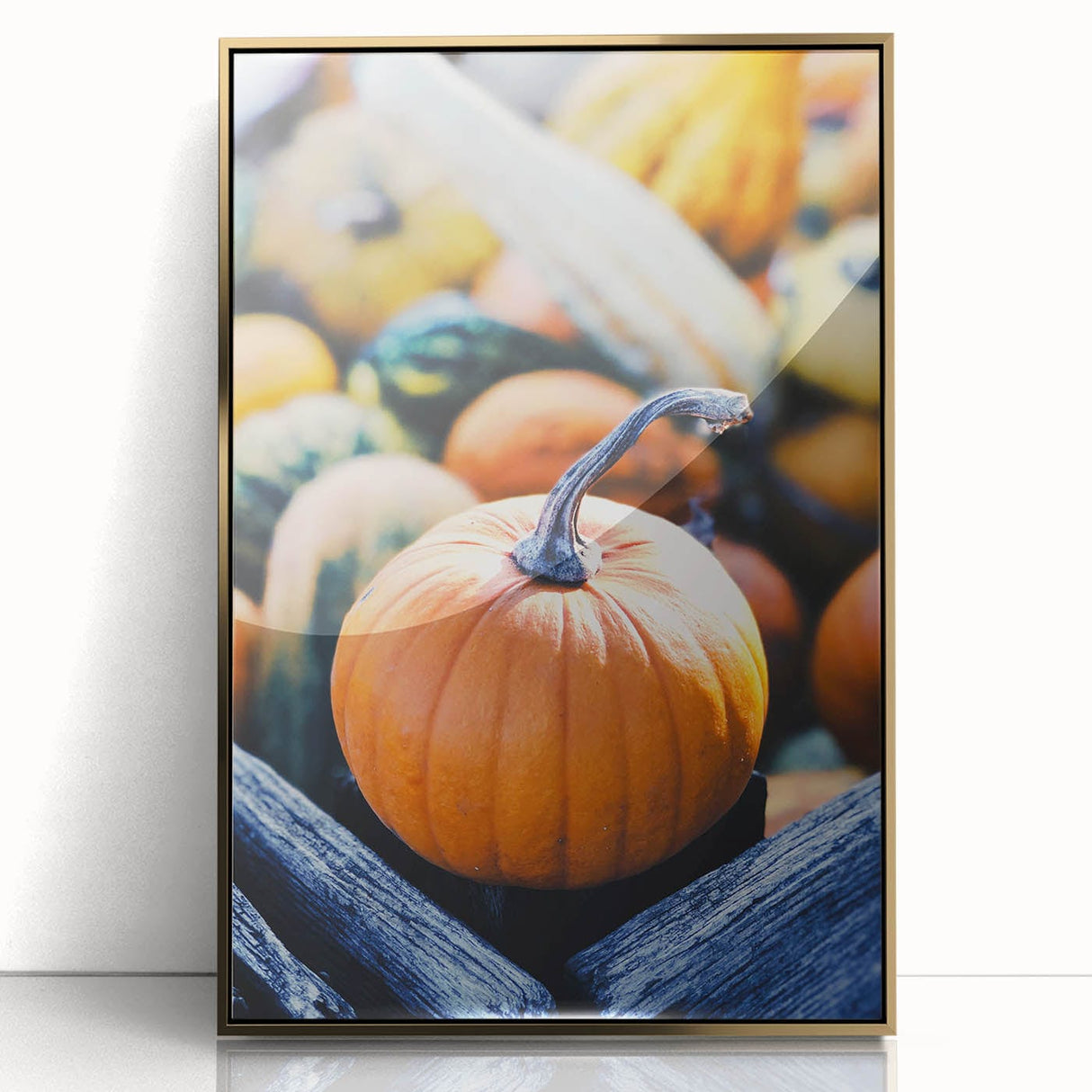 Mid-century modernist large art print of autumn trees in gold and brown tones, framed acrylic.