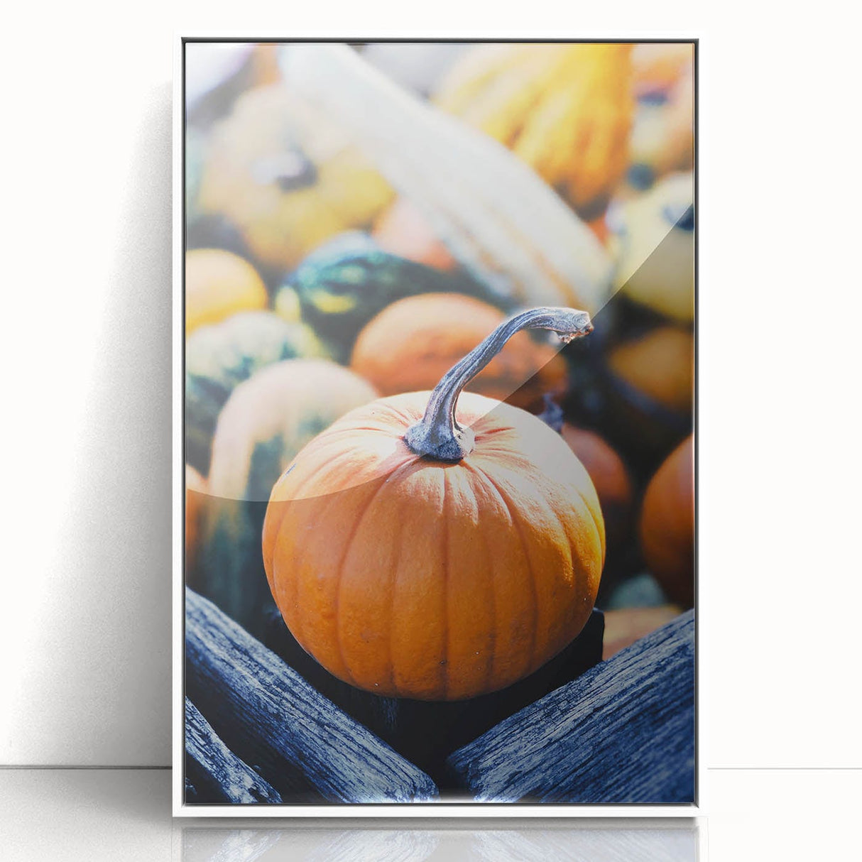 Art deco poster of a stylized fall scene with muted orange and brown tones, framed acrylic, ideal for nursery wall art.