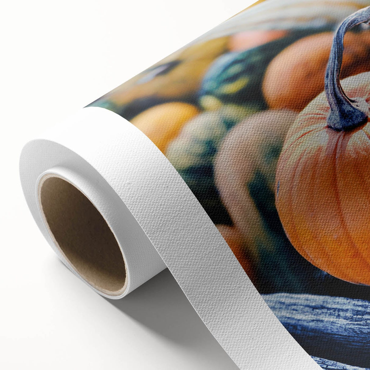 Art deco poster of autumnal trees in orange and brown tones on rolled canvas.