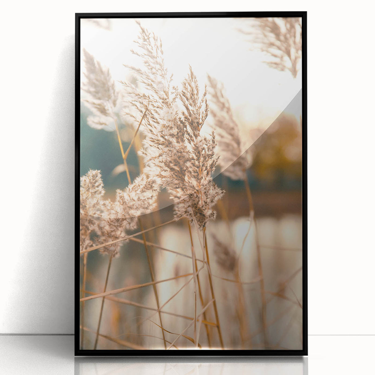 Large abstract wall art depicting a summer scene in mid-century modernist style, vibrant colors on black framed acrylic.