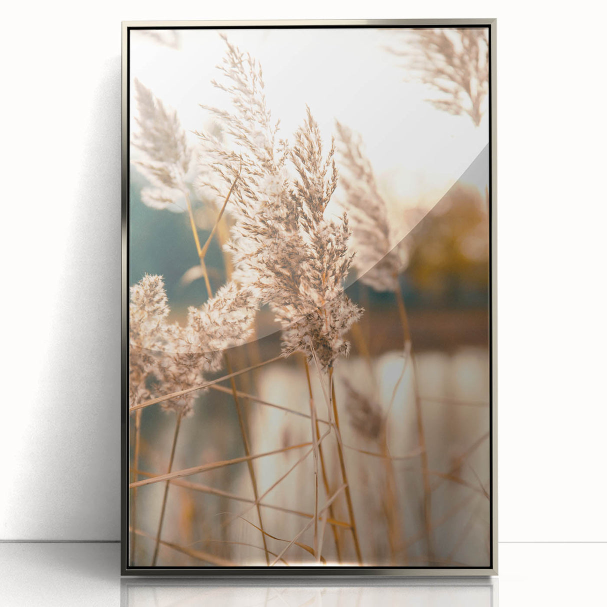 Mid-century modernist art depicting summer scene in pastel shades, framed in silver acrylic, suitable for nursery wall art.