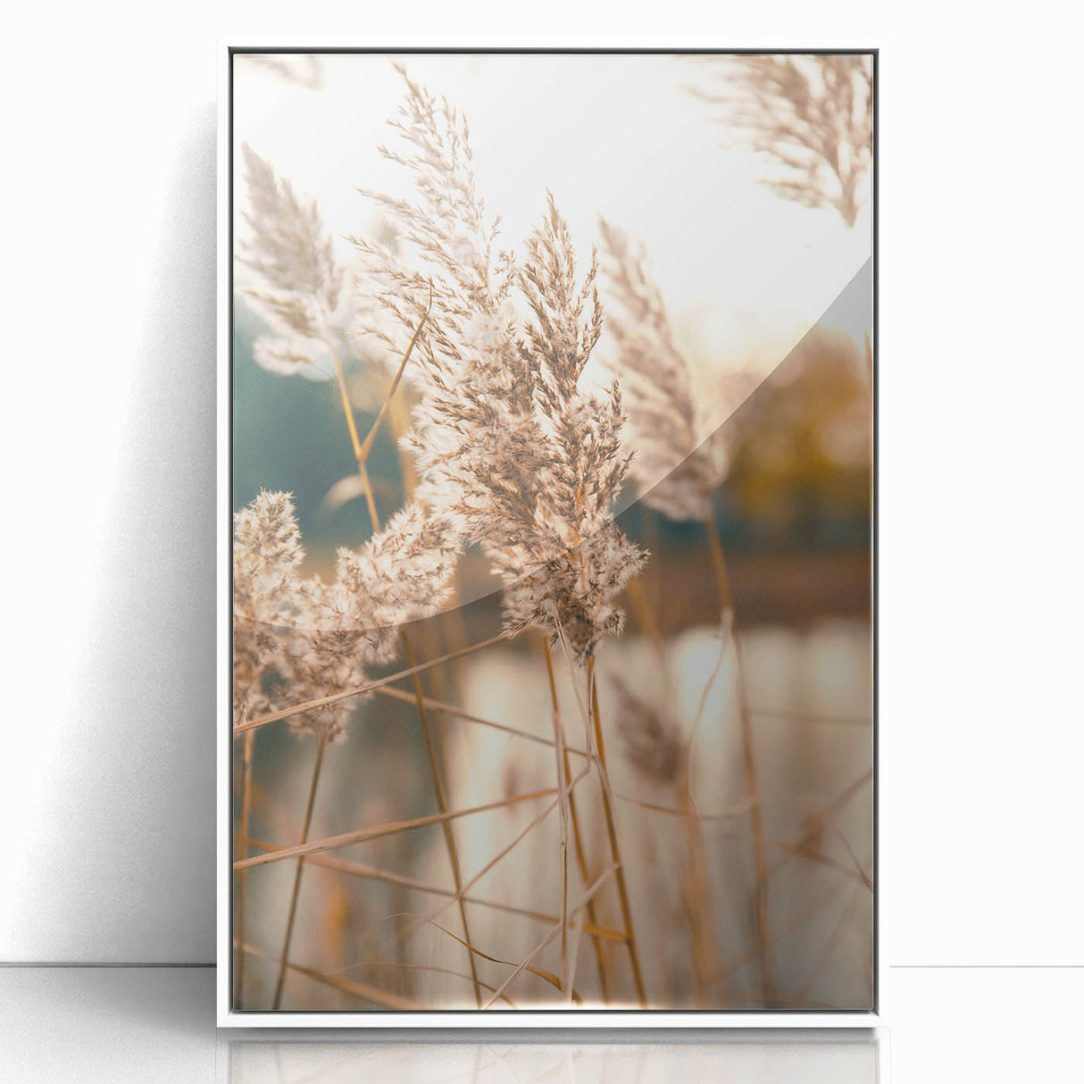 Art deco poster of a summer scene in pastel shades on a white framed acrylic, ideal for nursery wall art.