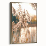 Framed canvas depicting a vintage-style landscape with lush greenery and a golden summer hue, ideal for bedroom wall decor.