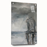 Abstract figurative acrylic artwork displayed on a glass panel, showcasing vibrant colors and intricate details, secured with stylish pins for a modern aesthetic.