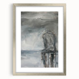 Abstract figurative silver frame with a mat, showcasing a modern art piece that emphasizes geometric shapes and fluid lines, perfect for contemporary decor.