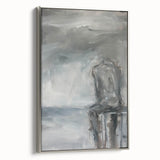 Abstract figurative framed canvas artwork with a silver frame, showcasing vibrant colors and dynamic shapes, perfect for modern decor and artistic expression.