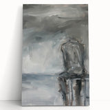 Abstract figurative stretched canvas art piece featuring vibrant colors and dynamic shapes, leaning against a neutral wall, ideal for modern home decor.