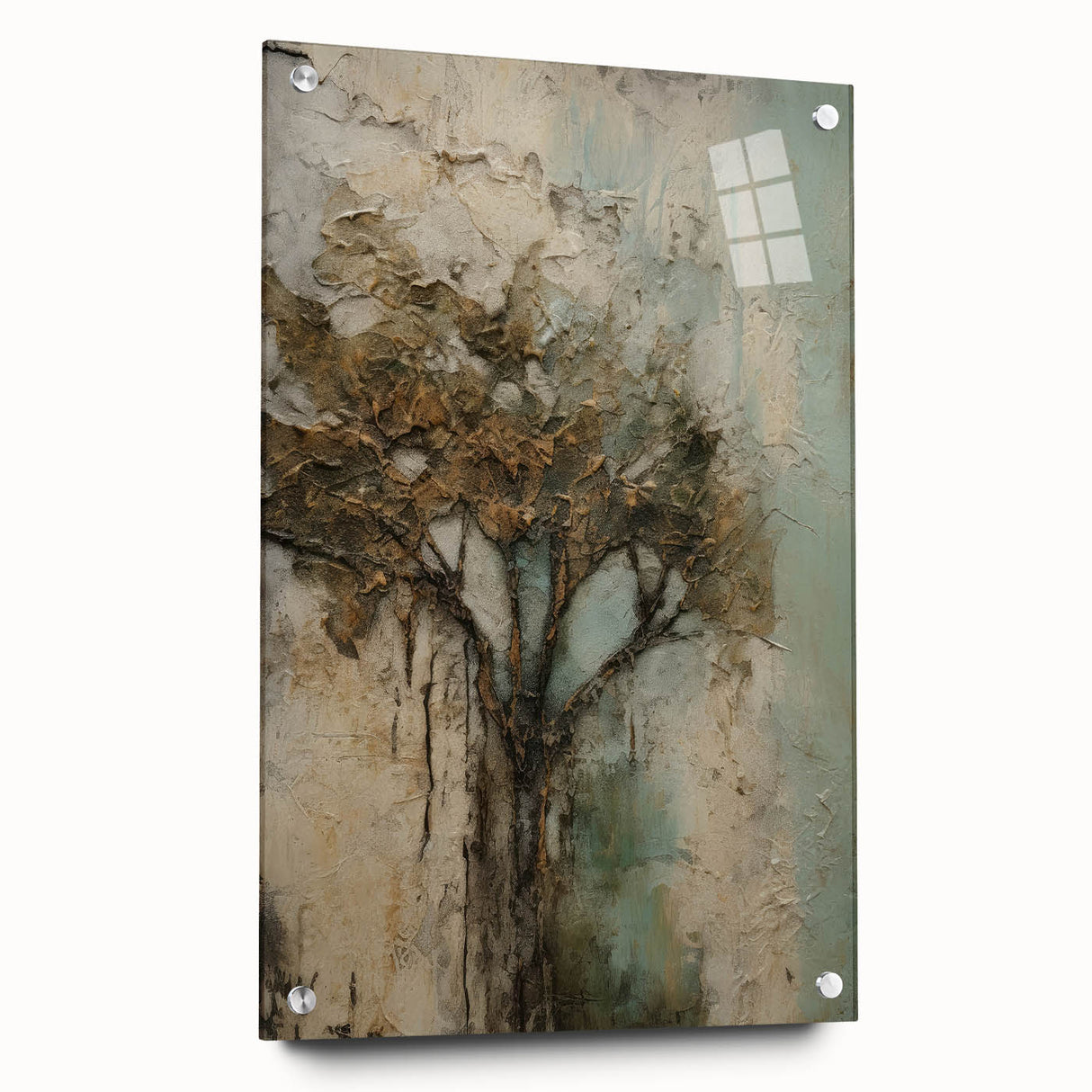 Side view of an acrylic glass artwork displaying abstract floral designs in vibrant colors, mounted with pins for a sleek presentation, ideal for modern decor.