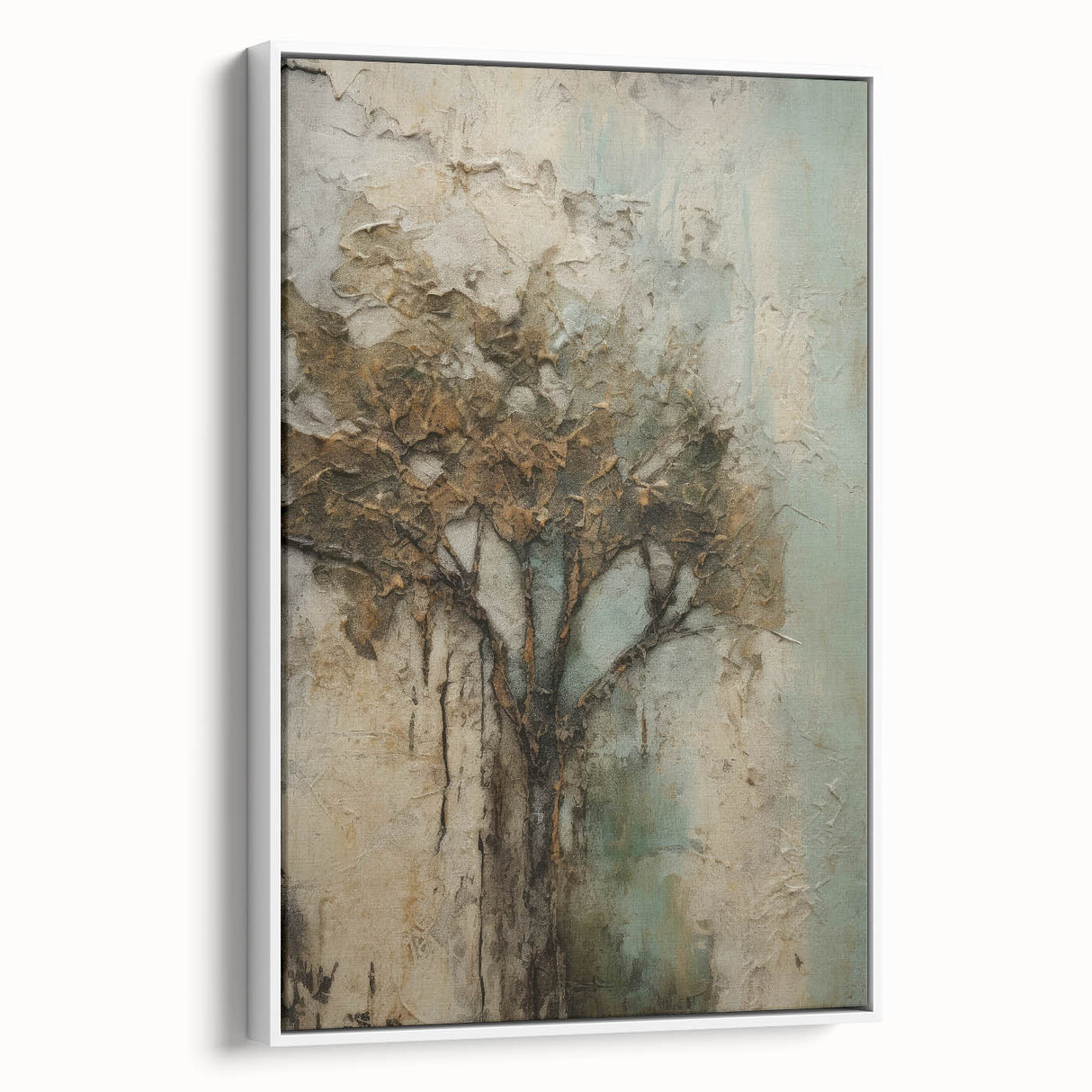 Framed canvas artwork showcasing an abstract floral design with vibrant colors and intricate details, displayed in a sleek white frame for modern decor.
