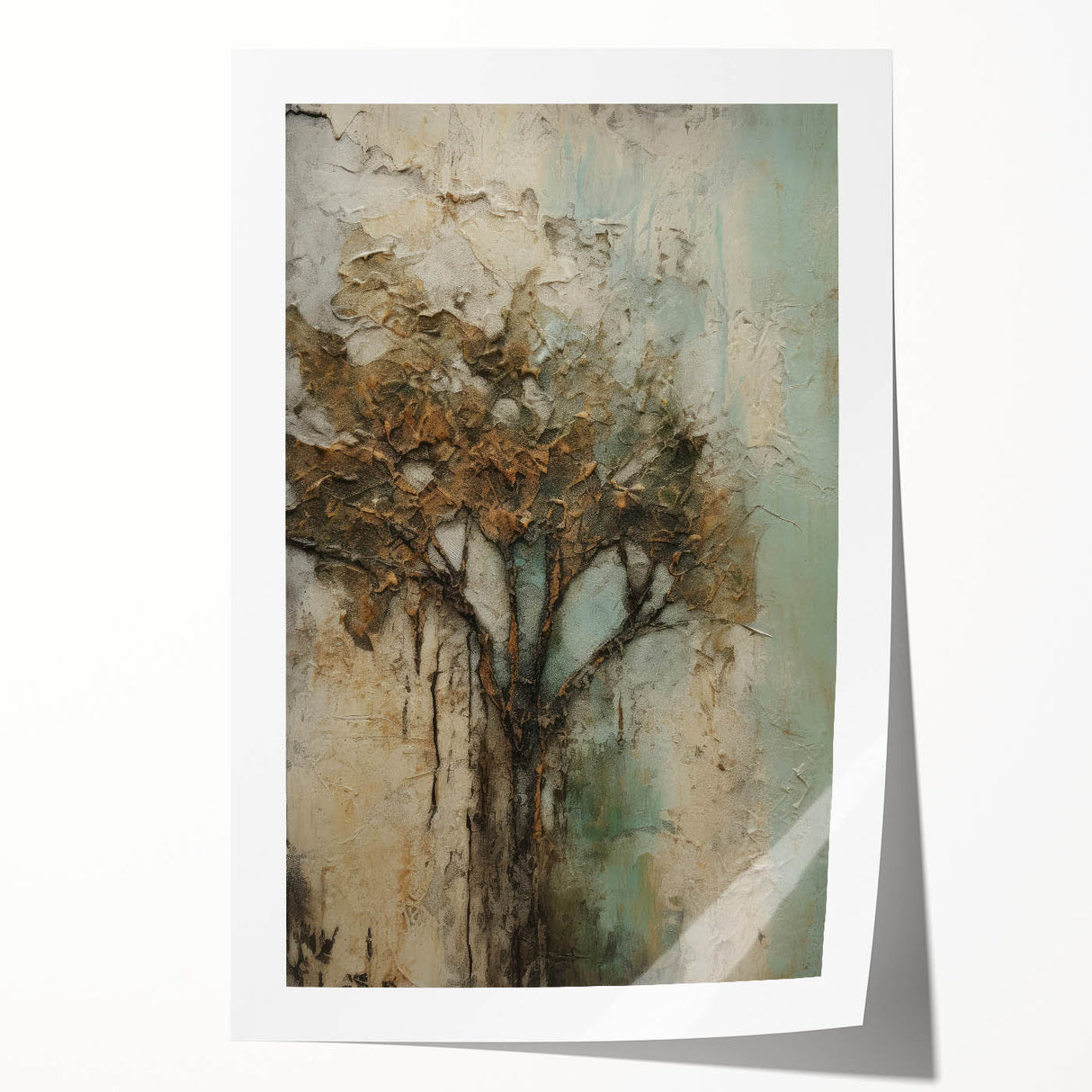 Abstract floral design rolled print showcasing vibrant colors of pink, blue, and green with intricate details and textures, perfect for home decor and artistic settings.
