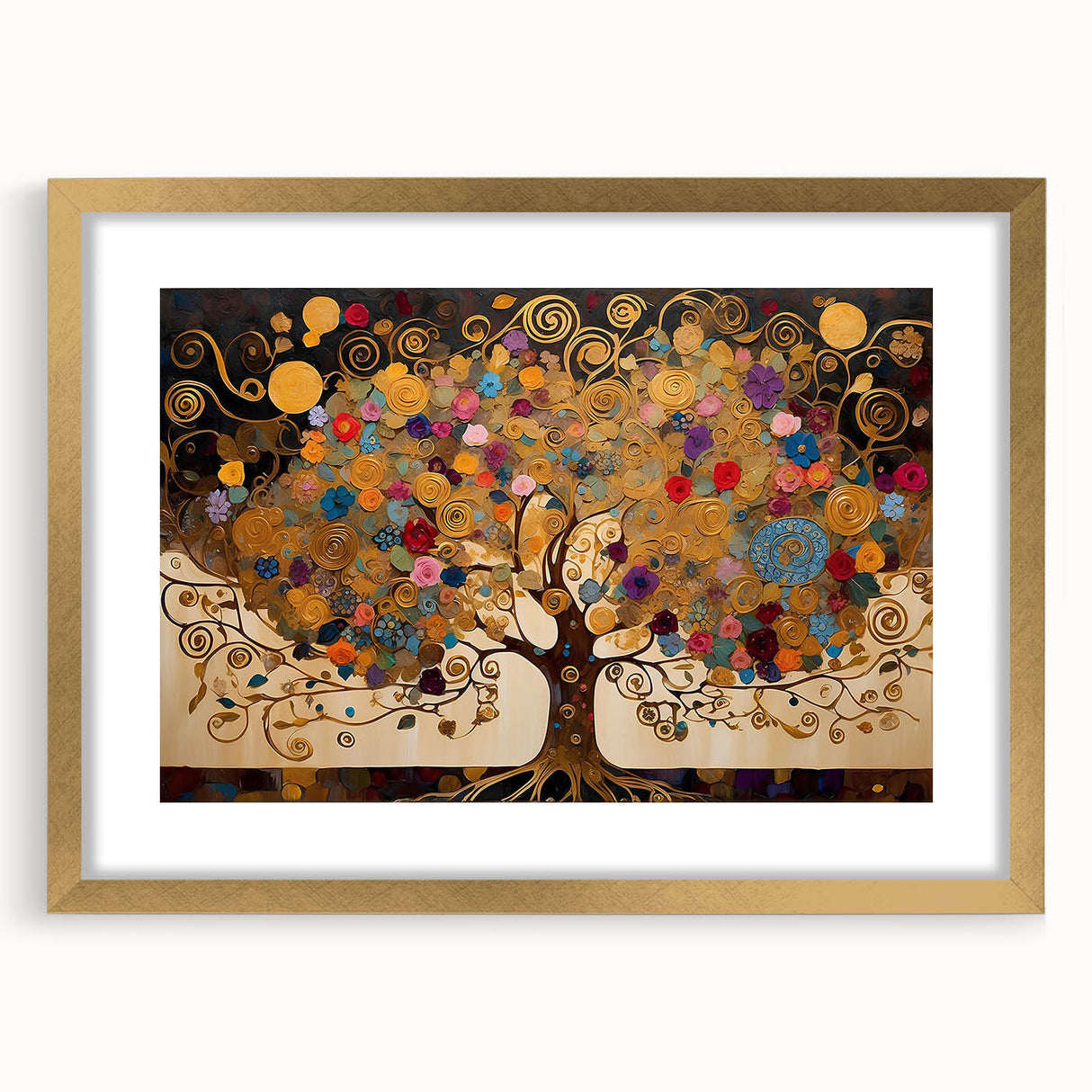 Framed abstract landscapes wall art featuring a gold mat, showcasing vibrant colors and dynamic shapes, perfect for enhancing modern interior decor.