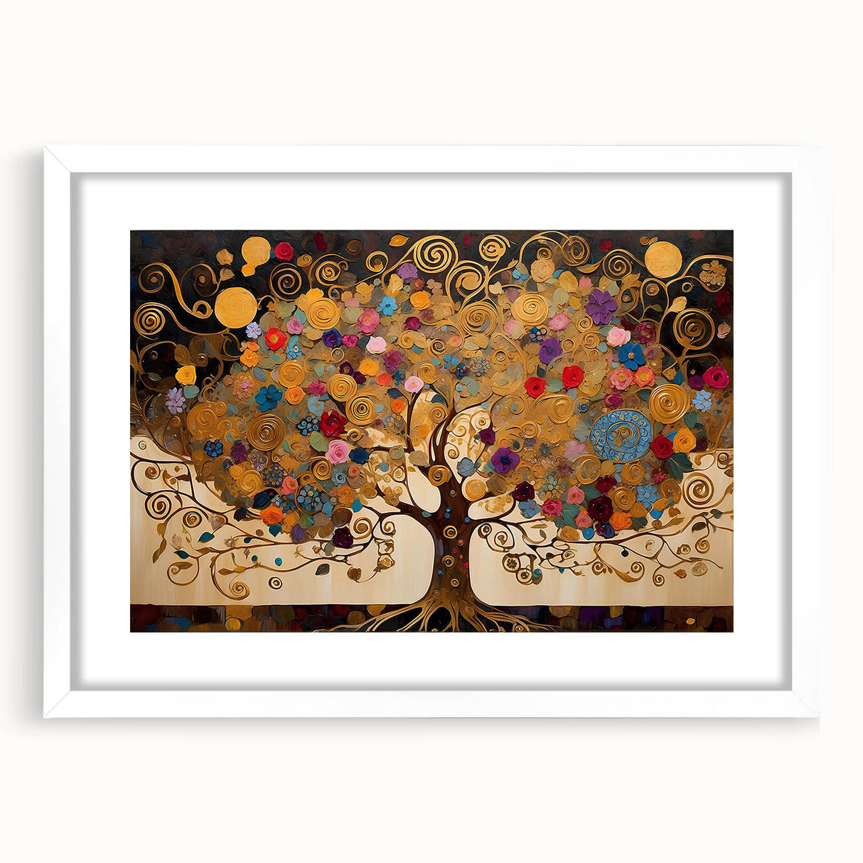 Abstract landscape wall art framed with a white mat, showcasing vibrant colors and intricate patterns, ideal for modern home decor and art enthusiasts.