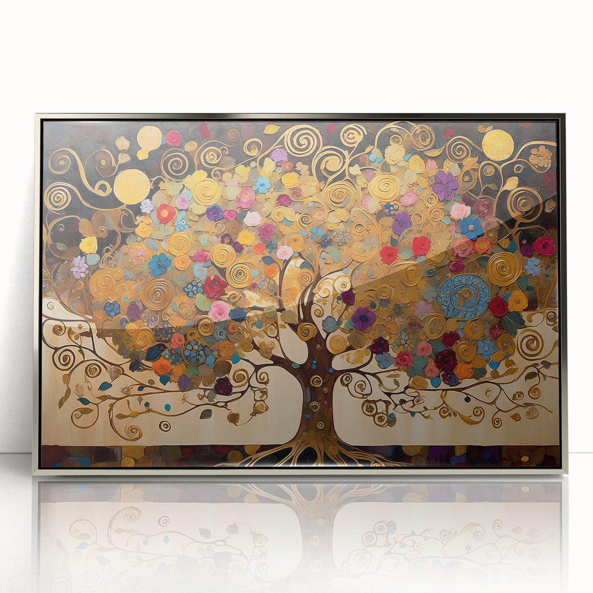 Framed abstract landscape wall art in silver acrylic, showcasing vibrant colors and dynamic shapes, ideal for modern home decor and creative spaces. The artwork adds a touch of sophistication and style to any room setting, enhancing the overall aesthetic.