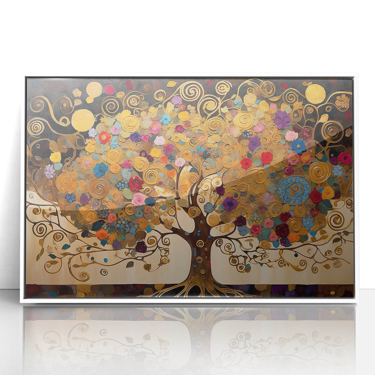 Framed abstract landscape wall art featuring vibrant colors and fluid shapes, set in a sleek white frame, perfect for modern home decor.