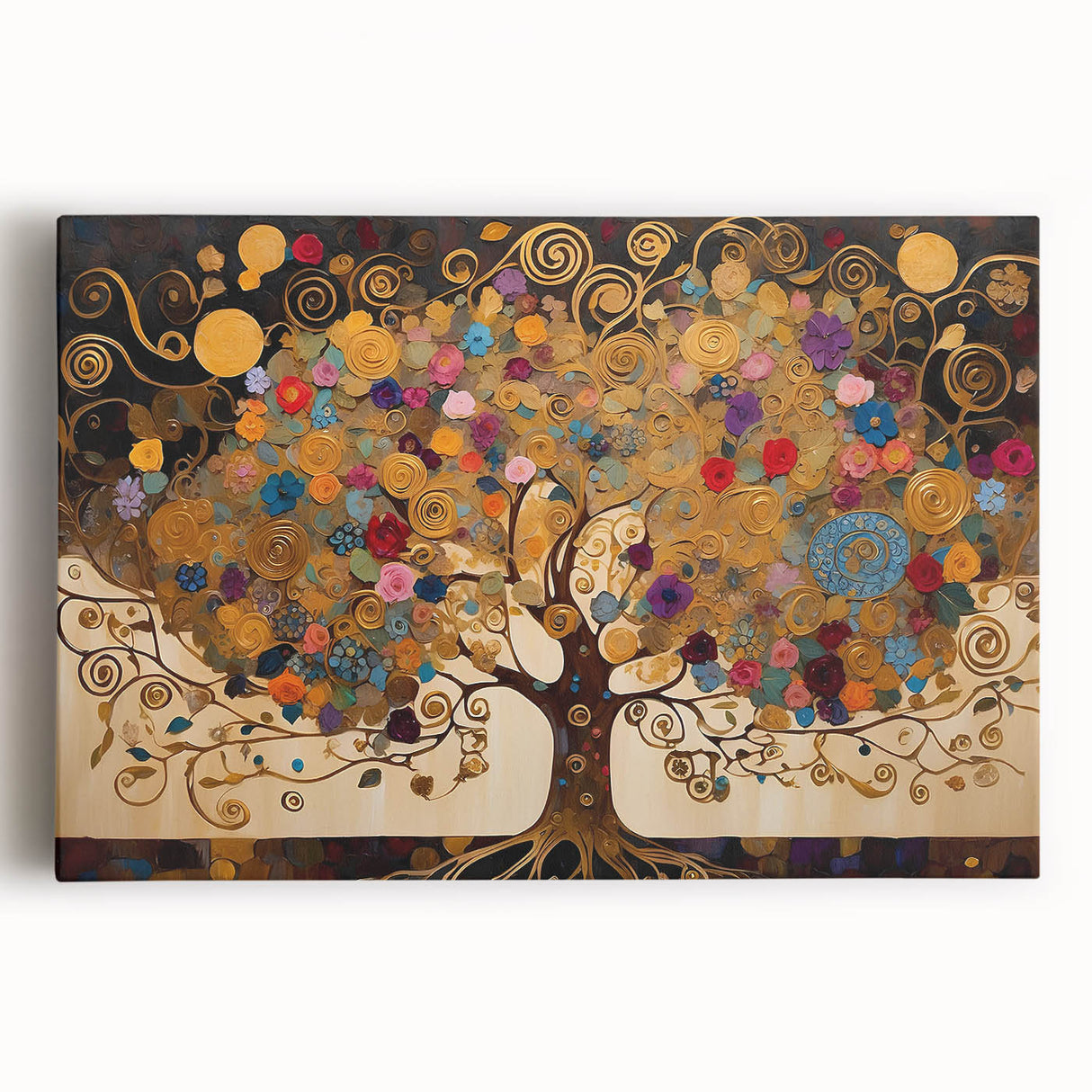 Abstract landscape wall art on stretched canvas, showcasing vibrant colors and fluid shapes, ideal for modern home decor and artistic interiors.
