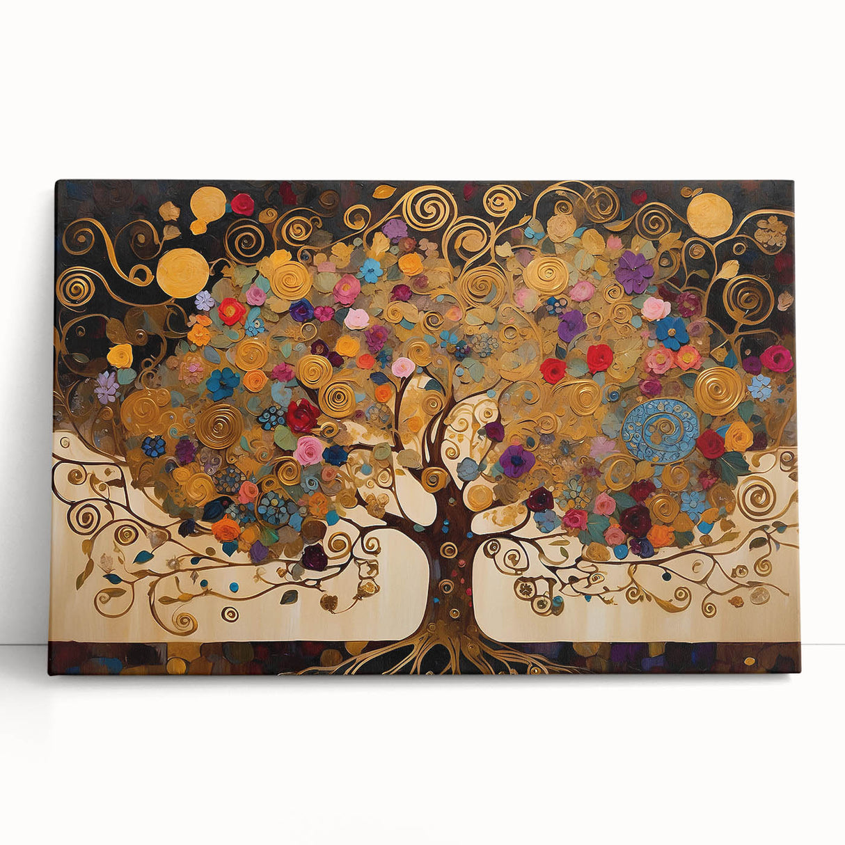 Abstract landscape wall art on stretched canvas, showcasing vibrant colors and dynamic patterns, elegantly leaning against a wall in a bright, modern setting. Perfect for contemporary decor.