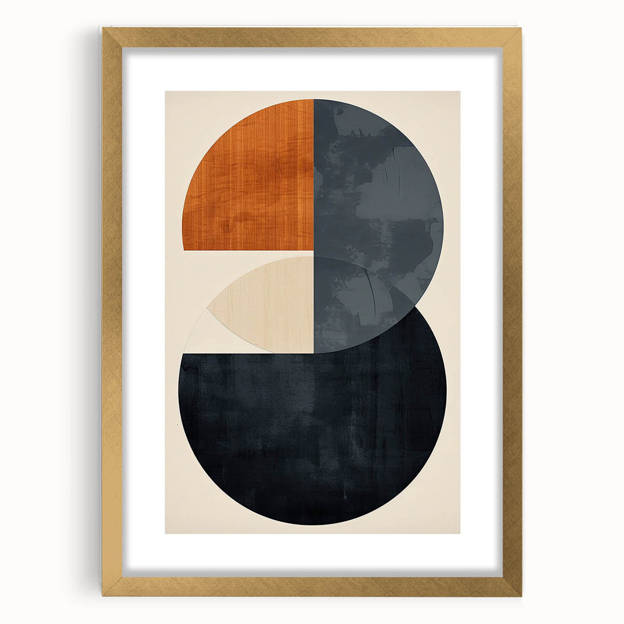 Abstract minimalist wall art framed in gold, showcasing geometric shapes and soft color palette, ideal for modern home decor. Perfect for adding elegance to living spaces.