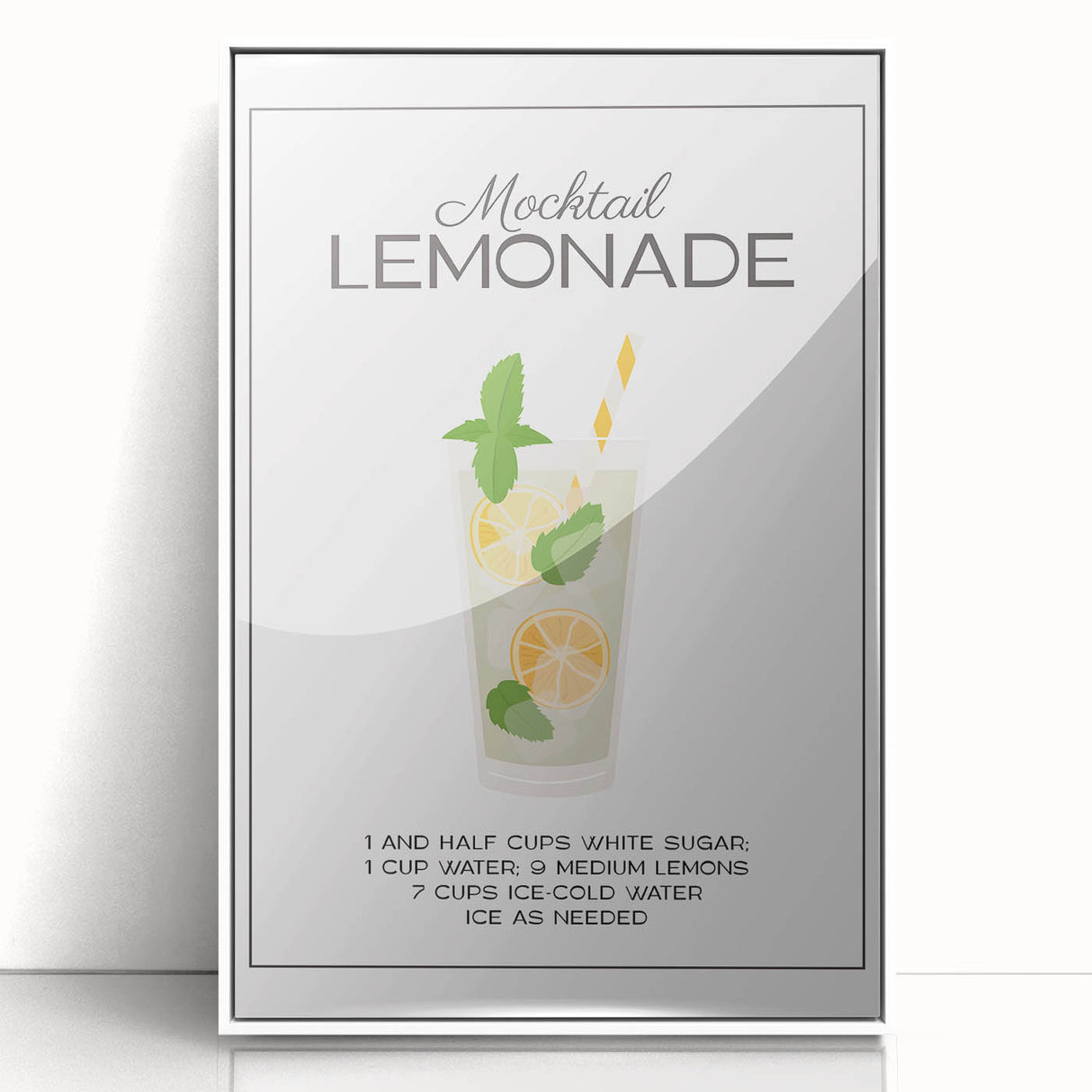 Mid-century modernist art featuring abstract food and drinks, in a white acrylic frame, suitable for nursery wall decor.