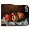 Large abstract wall art featuring assorted fruits in vibrant colors on acrylic glass, ideal for dining room decor.