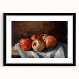 Extra large abstract art print featuring textured, colorful fruits on canvas, framed in black, ideal for living room decor.