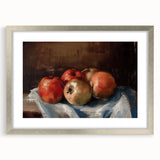 Textured abstract art print of colorful fruits on a silver-framed mat, suitable for bedroom decor.