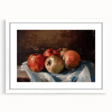 Abstract art print featuring assorted fruits in vibrant colors on a white framed poster, suited for dining room decor.