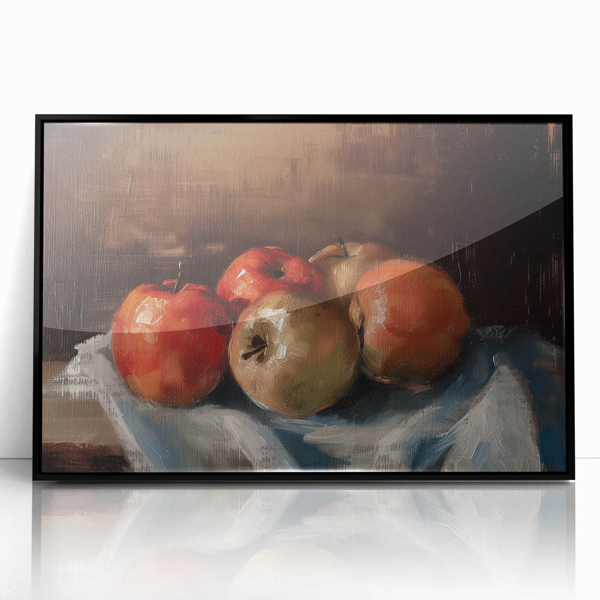 Large abstract wall art featuring assorted fruits in bold colors on a black acrylic framed print.