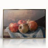 Large art print of assorted fruits in vibrant colors on gold-framed acrylic, styled in mid-century modernist design.