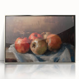 Mid-century modernist art featuring an array of colorful fruits on a silver framed acrylic print.