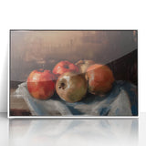 Art deco poster featuring assorted fruits in vibrant colors on a white acrylic framed print, ideal for nursery wall art.