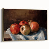 Framed canvas featuring a vintage poster of assorted fruits in muted colors, ideal for bedroom wall art.