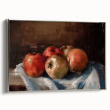 Landscape art painting of colorful fruits on a black background, framed in silver, suitable for kitchen decor.