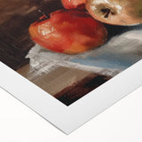 Art deco poster featuring an array of stylized fruits in vibrant colors on a rolled canvas, suitable for dining room decor.