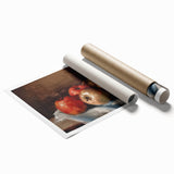 Extra large rolled print featuring a variety of colorful fruits on a pale background, suitable for classy bathroom wall art.