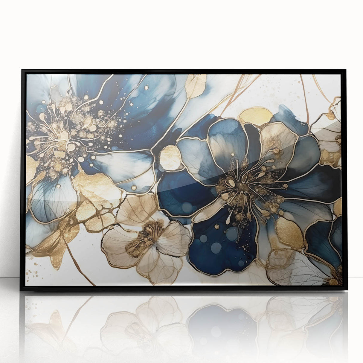 Elegant Blue & Gold Floral Living Room Wall Art - Modern Print