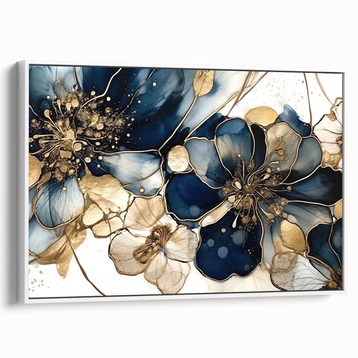 Elegant Blue & Gold Floral Living Room Wall Art - Modern Print