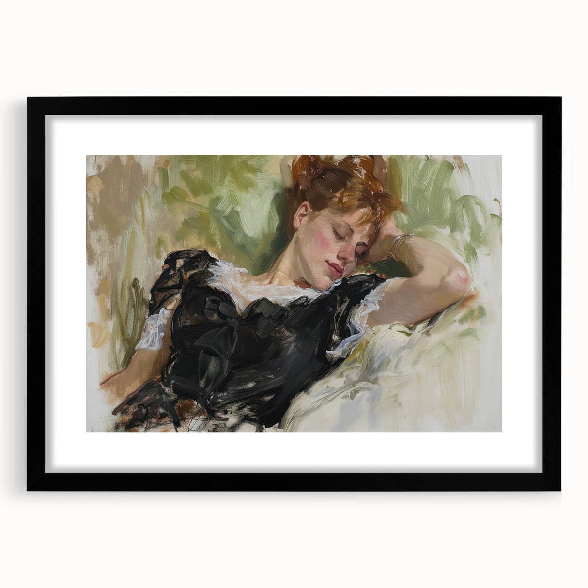 Black-framed abstract figurative artwork with a matte finish, showcasing dynamic shapes and vibrant colors, perfect for modern home decor.
